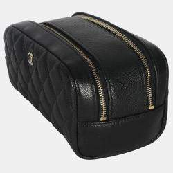 Pre Owned Chanel Black Quilted Caviar Toiletry Case With Chain