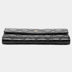Pre Owned Chanel Black Distressed Quilted Patent Brilliant Flap Long Wallet