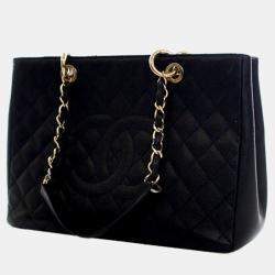 Pre Owned حقيبة يد شانيل تسوق كافيار كبيرة سوداء