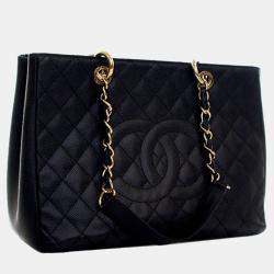 Pre Owned حقيبة يد شانيل تسوق كافيار كبيرة سوداء