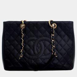 Pre Owned حقيبة يد شانيل تسوق كافيار كبيرة سوداء