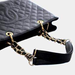 Pre Owned حقيبة يد شانيل تسوق كافيار كبيرة سوداء