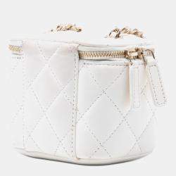 Pre Owned Chanel White Mini Quilted Lambskin Camellia Bow Vanity Case with Chain