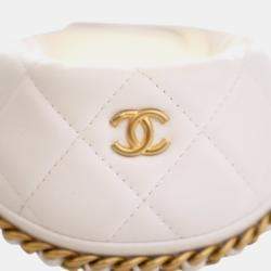 Pre Owned Chanel White Mini Shiny Crumpled Quilted Lambskin Chain Around Pouch