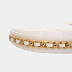 Pre Owned Chanel White Mini Shiny Crumpled Quilted Lambskin Chain Around Pouch