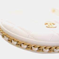 Pre Owned Chanel White Mini Shiny Crumpled Quilted Lambskin Chain Around Pouch
