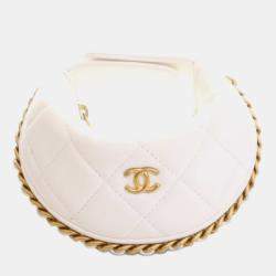 Pre Owned Chanel White Mini Shiny Crumpled Quilted Lambskin Chain Around Pouch