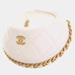 Pre Owned Chanel White Mini Shiny Crumpled Quilted Lambskin Chain Around Pouch
