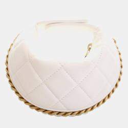 Pre Owned Chanel White Mini Shiny Crumpled Quilted Lambskin Chain Around Pouch
