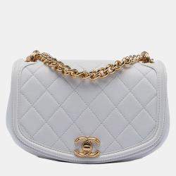 Pre Owned Chanel White Small Quilted Calfskin Underline Saddle Flap