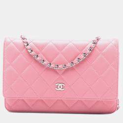 Pre Owned محفظة شانيل سلسلة على شريط جلد خروف مبطن زهري بماركة CC