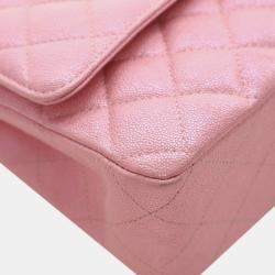 Pre Owned Chanel Pink Medium Classic Iridescent Caviar Double Flap
