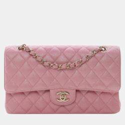 Pre Owned Chanel Pink Medium Classic Iridescent Caviar Double Flap