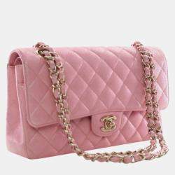 Pre Owned Chanel Pink Medium Classic Iridescent Caviar Double Flap