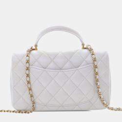 Pre Owned Chanel White Mini Rectangular Quilted Iridescent Lambskin Top Handle Flap