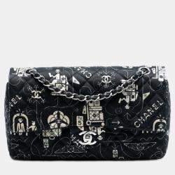 مملوكة مسبقًا حقيبة رفرف شانيل ساتان سوداء كلاسيكية متوسطة سحاب مزدوج