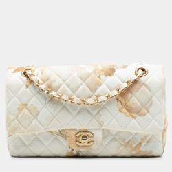 مملوكة مسبقًا حقيبة شانيل قلاب مزدوج زهري قماشي مطبوع كلاسيكي أبيض/بيج متوسط