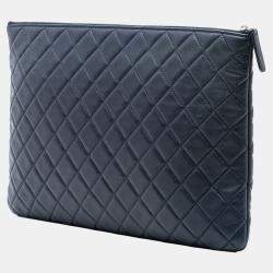 Pre Owned Chanel Blue Paris Dubai Large CC Quilted Lambskin O Case Clutch