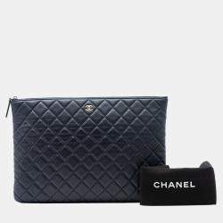 Pre Owned Chanel Blue Paris Dubai Large CC Quilted Lambskin O Case Clutch