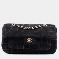 Pre Owned Chanel Black CC Choco Bar Suede Stitched Chain Flap