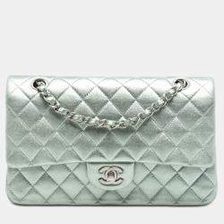 Pre Owned Chanel Green Medium Classic Metallic Lambskin Double Flap