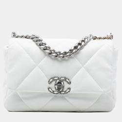 Pre Owned Chanel White Medium Lambskin 19 Flap