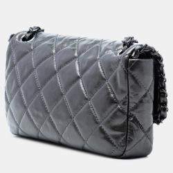 Pre Owned Chanel Grey Small Quilted Metallic Aged Calfskin Chain Me Flap