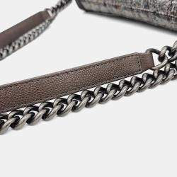 Pre Owned Chanel Brown Grey Leather and Tweed Tweed Boy Bag Large