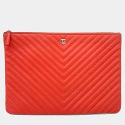 Pre Owned حقيبة كلتش شانيل جلد شيفرون برتقالي كبيرة