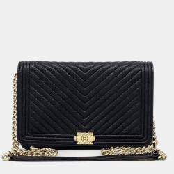 Pre Owned Chanel Black Leather Caviar Chevron Boy WOC Mini Crossbody Bag