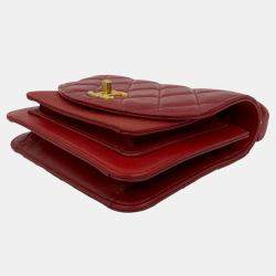 مملوكة مسبقًا حقيبة شانيل حمراء صغيرة مبطنة جلد عجل وكافيار سلسلة بمقبض قابل للطي