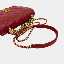 مملوكة مسبقًا حقيبة شانيل حمراء صغيرة مبطنة جلد عجل وكافيار سلسلة بمقبض قابل للطي