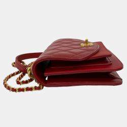 مملوكة مسبقًا حقيبة شانيل حمراء صغيرة مبطنة جلد عجل وكافيار سلسلة بمقبض قابل للطي