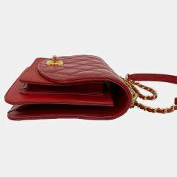 مملوكة مسبقًا حقيبة شانيل حمراء صغيرة مبطنة جلد عجل وكافيار سلسلة بمقبض قابل للطي