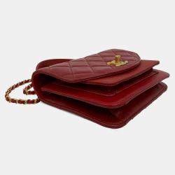 مملوكة مسبقًا حقيبة شانيل حمراء صغيرة مبطنة جلد عجل وكافيار سلسلة بمقبض قابل للطي