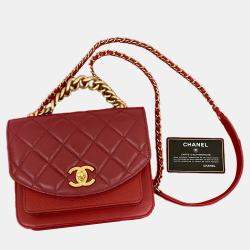 مملوكة مسبقًا حقيبة شانيل حمراء صغيرة مبطنة جلد عجل وكافيار سلسلة بمقبض قابل للطي