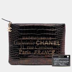 Pre Owned Chanel Black Medium Croc Embossed Calfskin Mademoiselle Gabrielle Signature Pouch