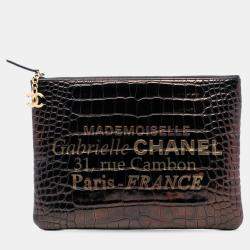 Pre Owned Chanel Black Medium Croc Embossed Calfskin Mademoiselle Gabrielle Signature Pouch