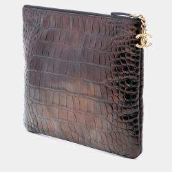 Pre Owned Chanel Black Medium Croc Embossed Calfskin Mademoiselle Gabrielle Signature Pouch