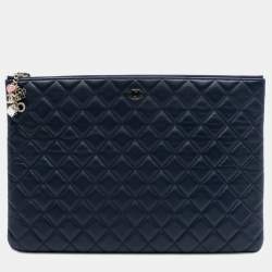 Pre Owned Chanel Blue Large Quilted Lambskin Casino Charms O Case Clutch
