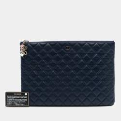 Pre Owned Chanel Blue Large Quilted Lambskin Casino Charms O Case Clutch