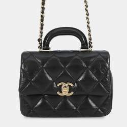 Pre Owned حقيبة شانيل بحمالة كتف ذات مقبض علوي جلد عجل لامع أسود مقلم حجم صغير