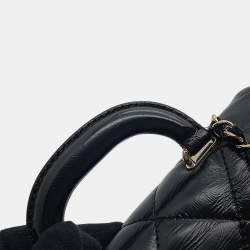 Pre Owned حقيبة شانيل بحمالة كتف ذات مقبض علوي جلد عجل لامع أسود مقلم حجم صغير