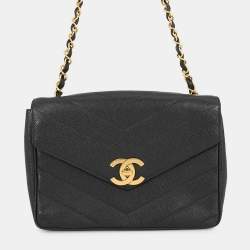 Pre Owned Chanel Chevron Flap Black Caviar Leather Shoulder Bag