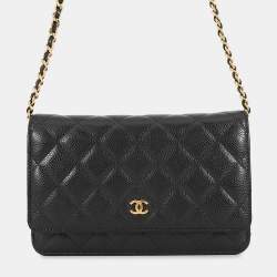 Pre Owned Chanel Matelasse Chain Wallet Black Caviar Leather