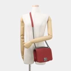 Pre Owned Chanel Boy Small Red Caviar Leather Shoulder Bag