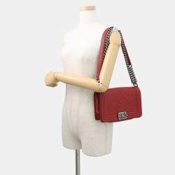 Pre Owned Chanel Boy Small Red Caviar Leather Shoulder Bag