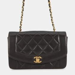 مملوكة مسبقًا حقيبة كتف سلسلة شانيل ديانا جلد حملان أسود بحجم 22
