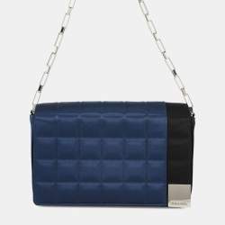 Pre Owned Chanel Chocolate Bar Chain shoulder Bag Blue/Black Satin
