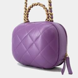 Pre Owned Chanel Matelasse Top Handle Vanity 2-Way Chain shoulder Bag Purple Lambskin Size Small
